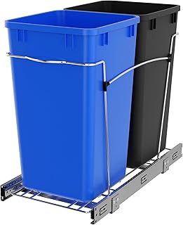 Rev-A-Shelf Pullout Trash Can for Kitchen Cabinets 27 Qt Garbage Recycling Bin with Full Extension Slides, Blue/Black, RV-15KD-2218C-S