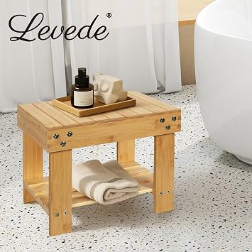 Bamboo Step Stool with Storage Shelf, Wooden Anti-Slip Foot Stool for Kids & Adults, Stable Small Stool for Bathroom, Kitchen, Bedroom