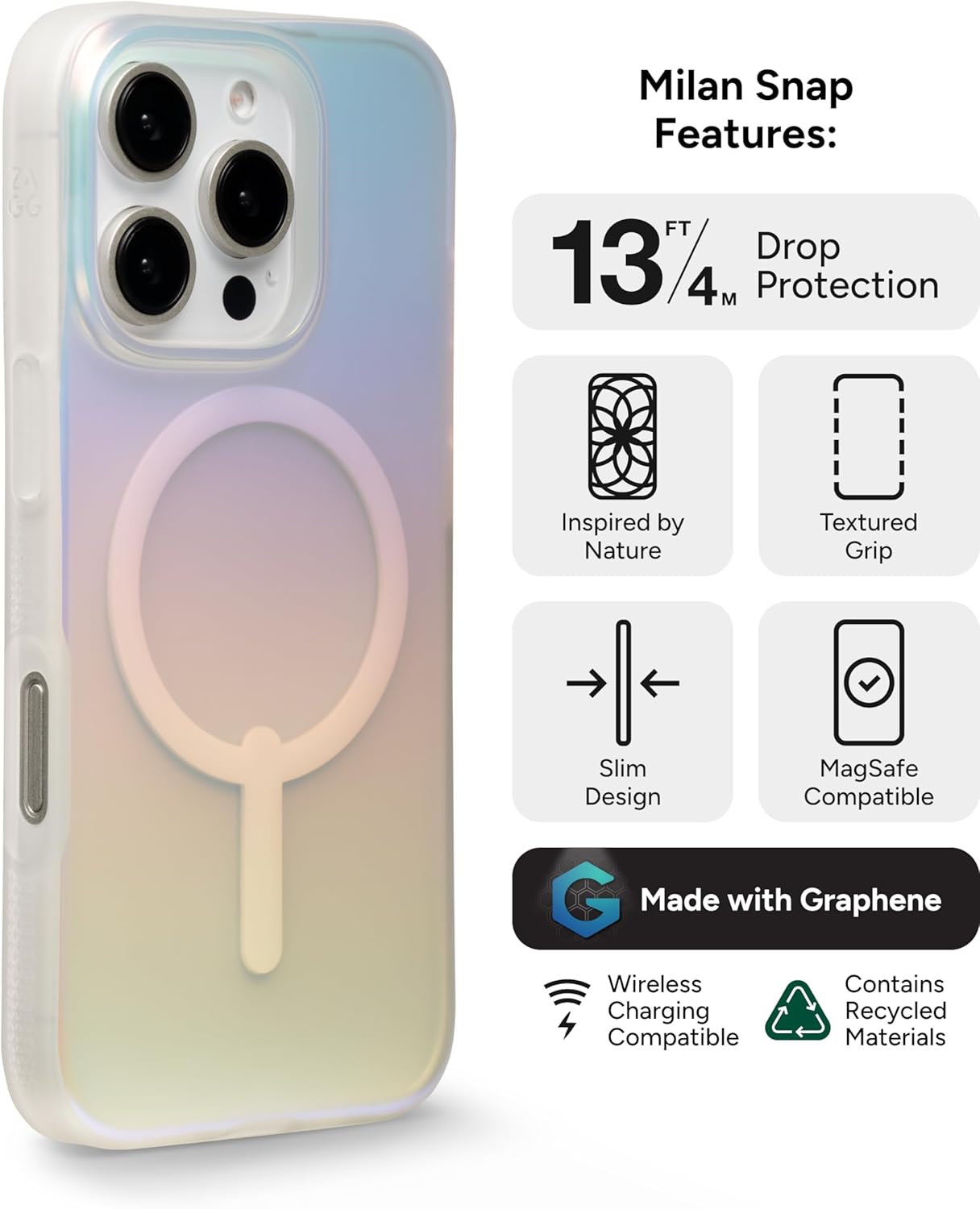 ZAGG Milan Snap Case for iPhone 16 Pro - Color Changing Finish, MagSafe & Wireless Charging Compatible, 13ft Drop Protection, Graphene Reinforced, Eco-Friendly, Matte Iridescent