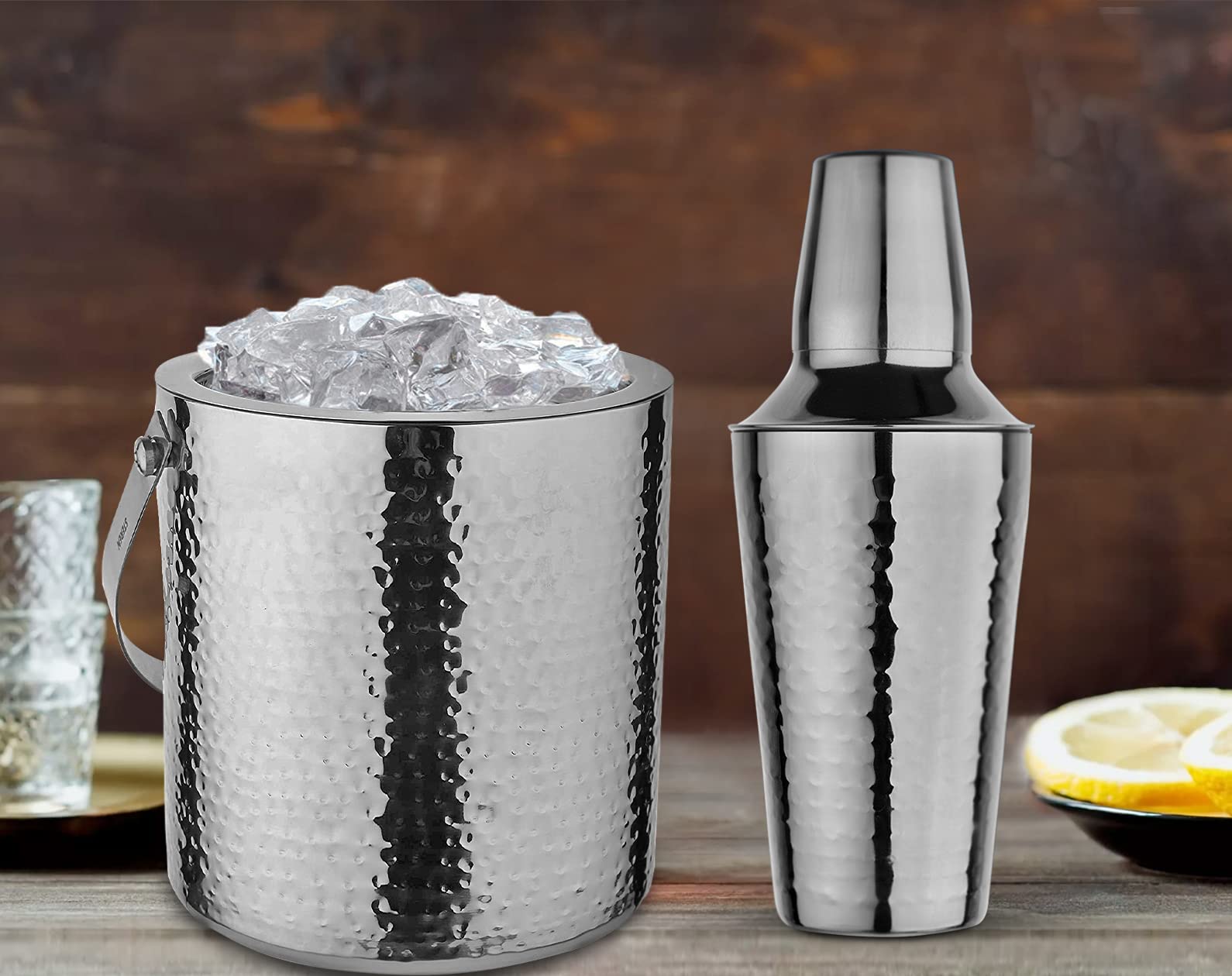 Steren Impex | Stainless Steel 4 Piece Full Hammered Bar Set for Drink/Gift, Double Wall - Ice Bucket with Tong, Peg Measurer & Cocktail Shaker 4