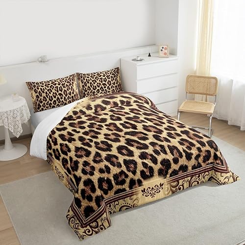 Miniatura 6 de Juego de edredón con estampado de leopardo marrón, tamaño King, decoración de habitación para niños y niñas, edredón abstracto de piel de animales