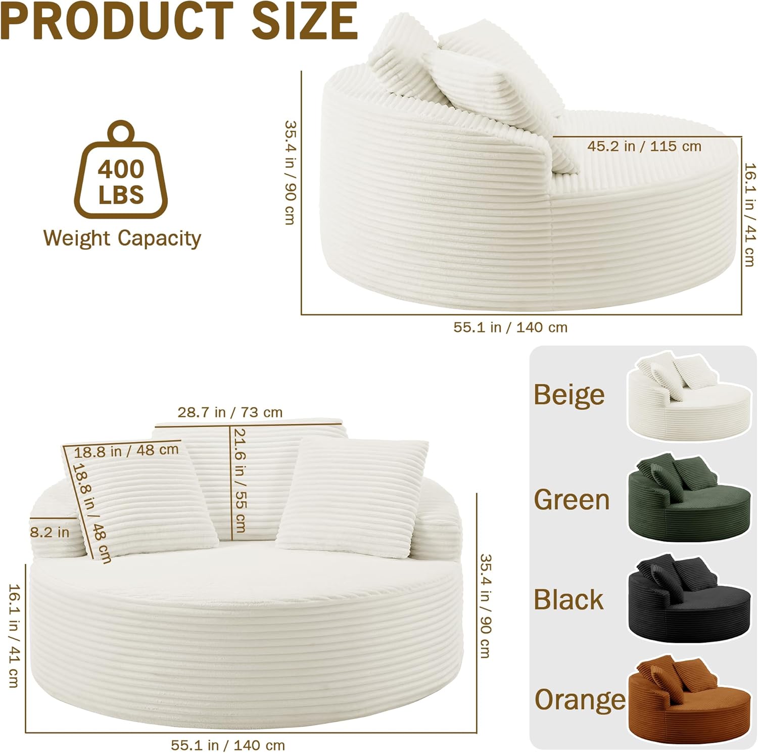 Oversized Round Chaise Lounge Chair,Corduroy Cloud Large Circle Sofa Chair, No Assembly Required, Modern Sleeper Cloud Sofa Couch Bed for Living Room Bedroom Apartment (White)