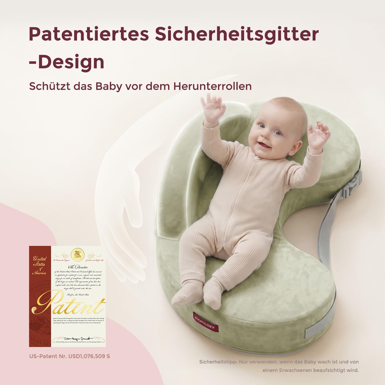 Momcozy Stillkissen mit Sicherheitsstütze – Fester und federnder Memory-Schaum – Stabile, ergonomische Unterstützung und Komfort – Breiteres Stillkissen, Verstellbarer, Abnehmbarer Bezug，Grün