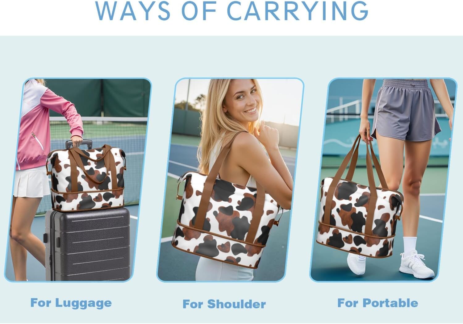 Expandable Travel Duffel Bags for Women Large - Gym Bag Waterproof Cow Print Weekender Beach Tote Carry on Bag with Luggage Sleeve for Spirit Airlines Personal Item Bag Overnight Mom Hospital Duffle