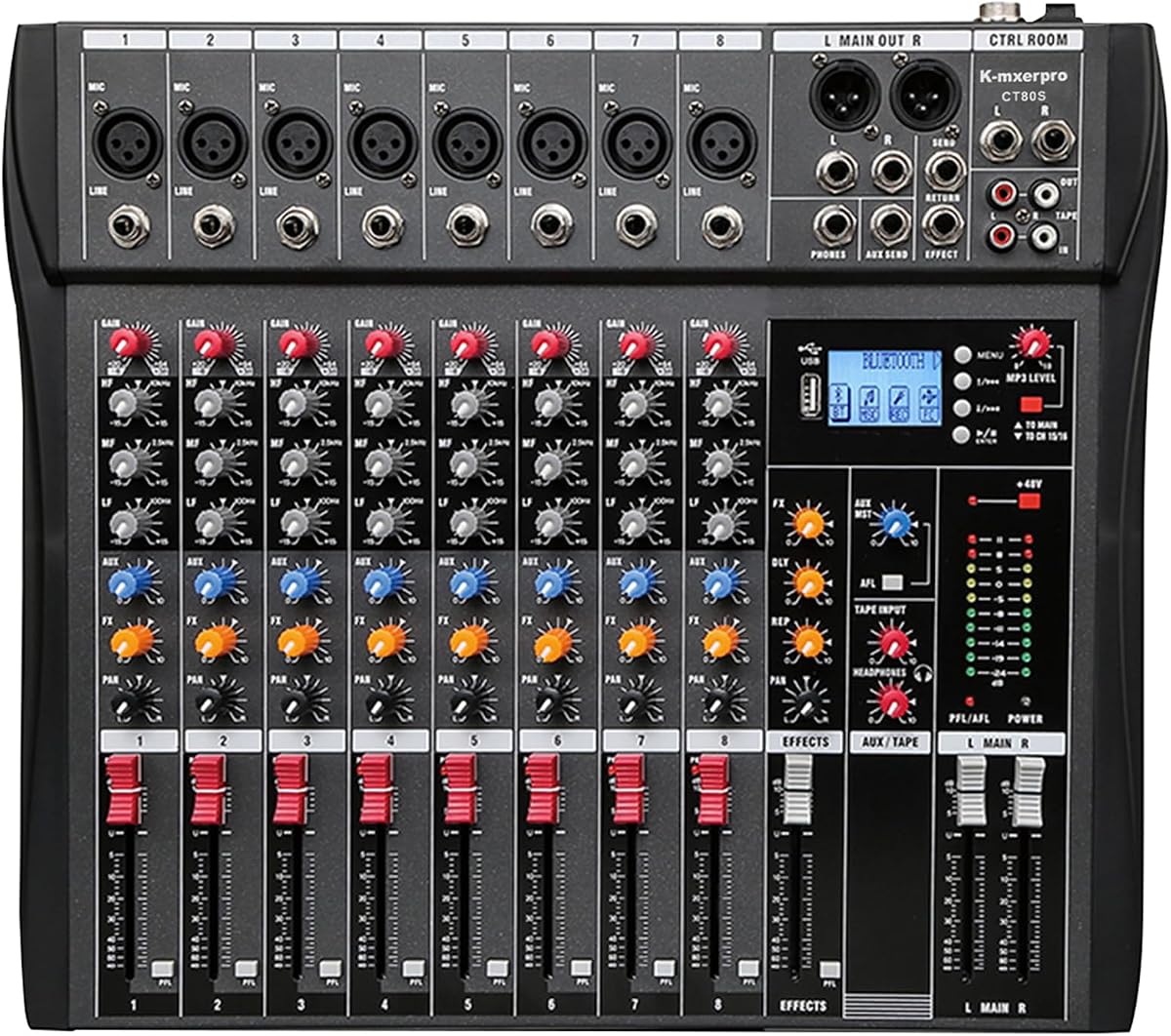 Consola mezcladora de audio profesional de 8 canales, placa de sonido con alimentación fantasma de 48 V, interfaz de audio USB para espectáculos en vivo, grabación en streaming, música, karaoke en escenario