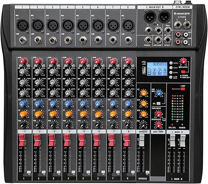 8 Channel Professional Audio Mixer Console Sound Board with 48V Phantom Power,USB Audio Interface for Live Show,Streaming Recording Music Stage Karaoke