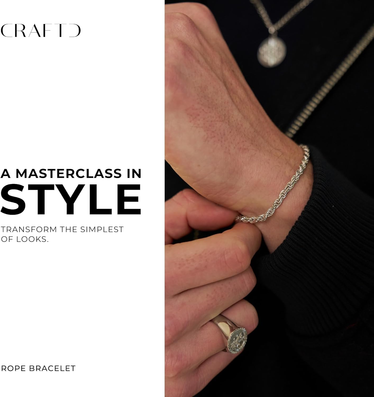 CRAFTD - Rope Link Bracelet - Waterproof, Heat & Sweat Resistant - Gifts for Men - Men's Jewelry - Size 5MM