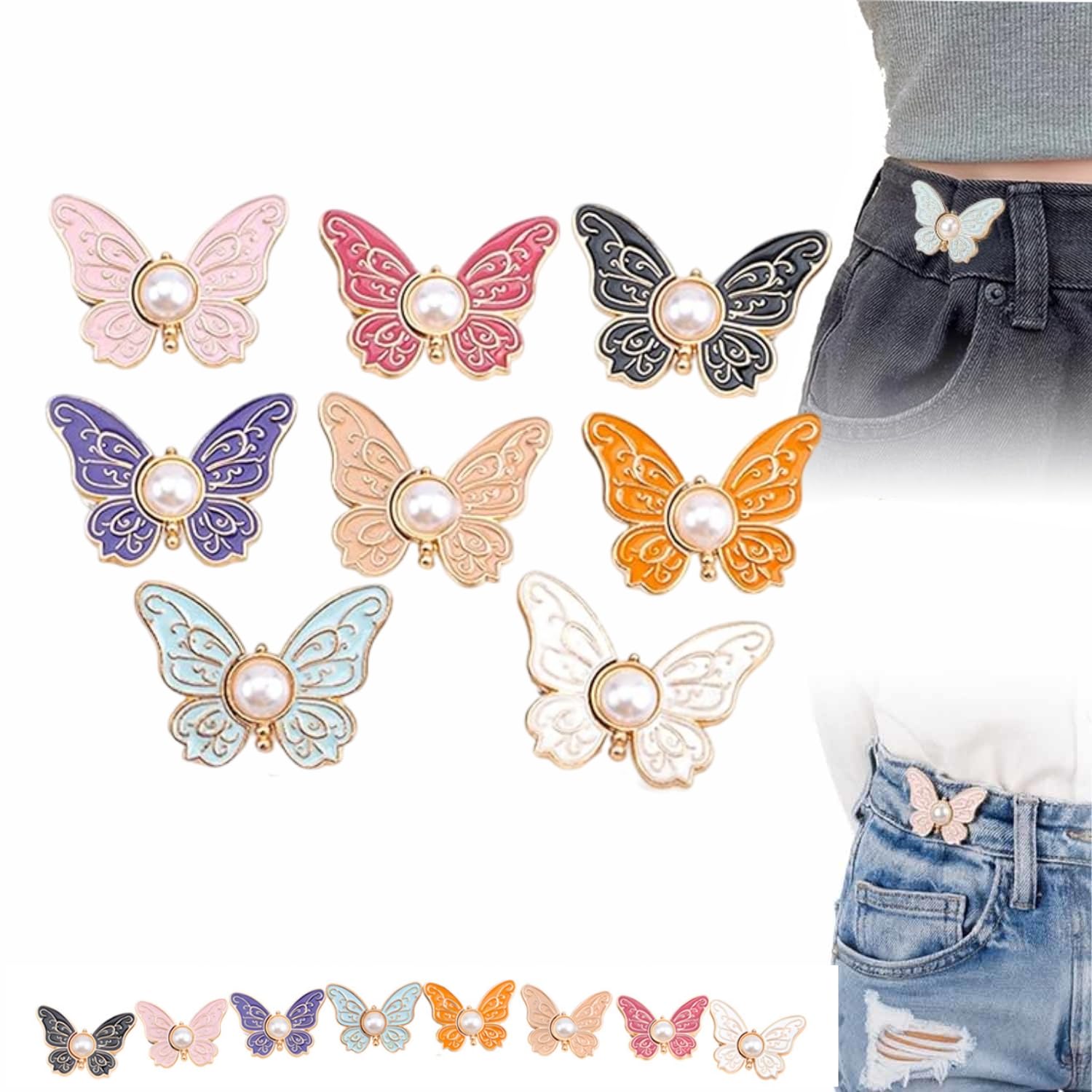 OFY ONLY FOR YOU Pearl Butterfly Waist Buckle, Detachable Butterfly Clips, Women's 6Pcs Butterfly Waist Tighteners