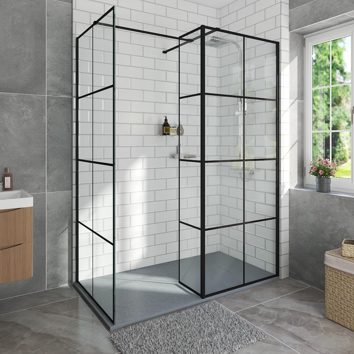 Aquariss 700+700+215Mm+Anthracite 1200X700mm Tray 1200X700mm Black Grid Walk In Shower Screens Return Panel Tray