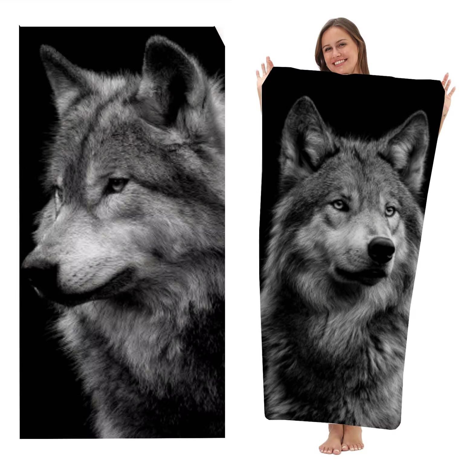 Toalla Playa grande XXL 220x100 cm, Toalla Microfibra de Secado RáPido, Absorbente, Ultrasuave y Compacta, Toalla BañO Sin Arena, Manta de Playa Gimnasio Baño, Pack de 2 (Lobo Blanco Y Negro) z-90