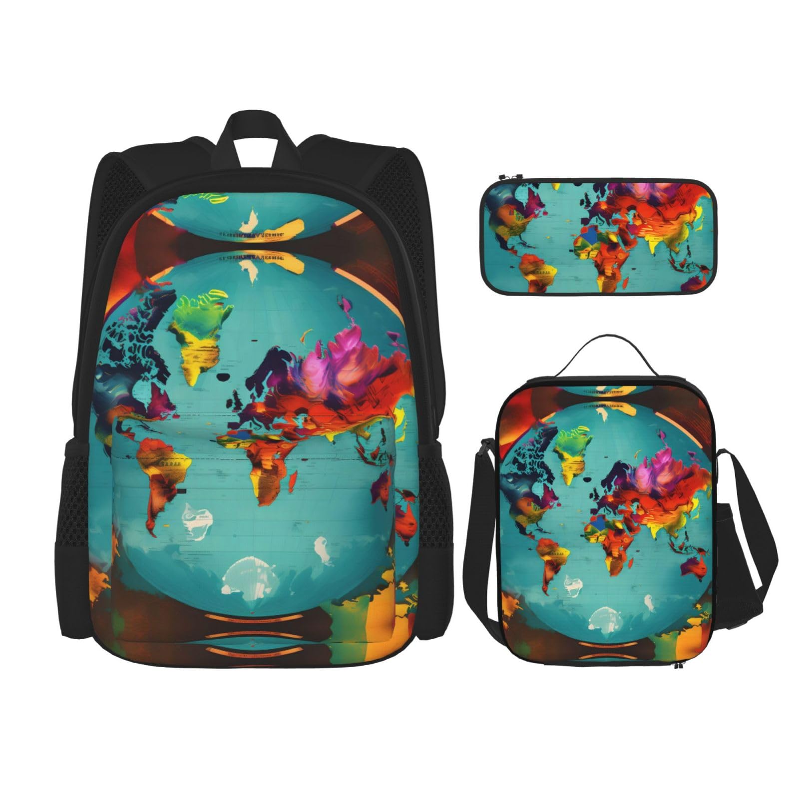 BrUgui3Pcs casual Backpack Sets,Large capacity travel bookbag with Pencil Case and Lunch Bag-World Map