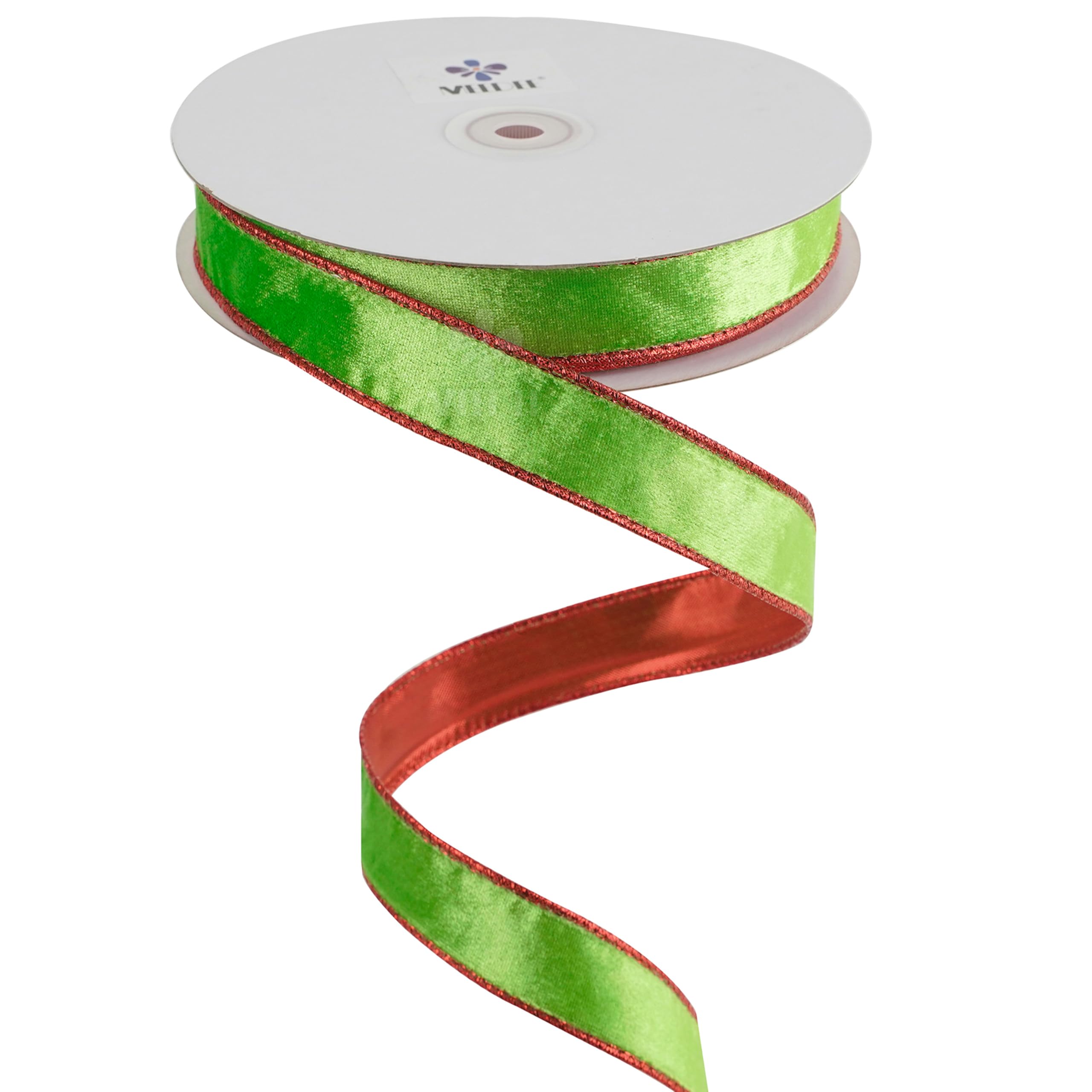 MEEDEE Cinta de Navidad de terciopelo verde lima y rojo de 1 pulgada, cinta de terciopelo fino con alambre, carrete de 25 yardas, cinta Farrislk de dos tonos, cinta roja y verde para árbol de Navidad,