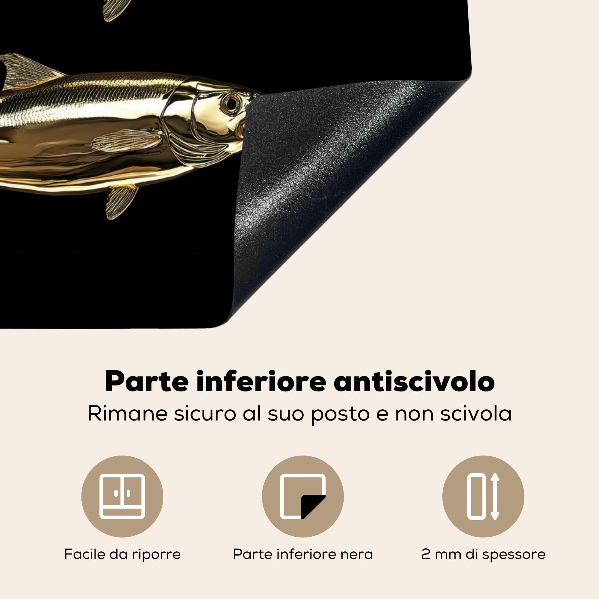 KitchenYeah© Copri Piano Cottura 59x51 cm Coprifornelli Tappetino per Induzione Fornello Tutto per la Cucina Pesce - Oro - Nero