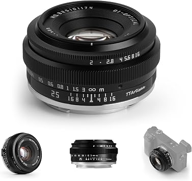 TTArtisan MF 25mm F2 APS-C Pancake Lens for Sony E-Mount | 61 Angle, Large Aperture, 6oz , 2.3*1.2in Compact, All-Metal Body, Manual Focus, 9.8in Close Focus, 43mm filter thread