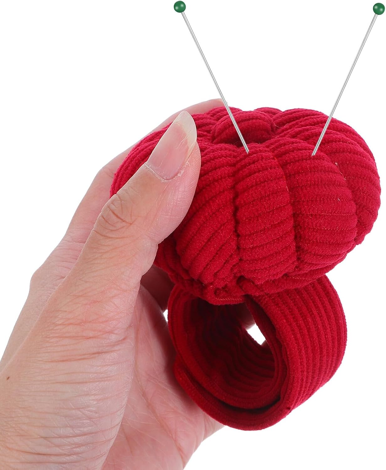 Mikikit Corduroy Pumpkin Wrist Pin Cushion Sewing Tool Holder Elastic Wristband Pincushion for Quilters Needlework and DIY Crafts