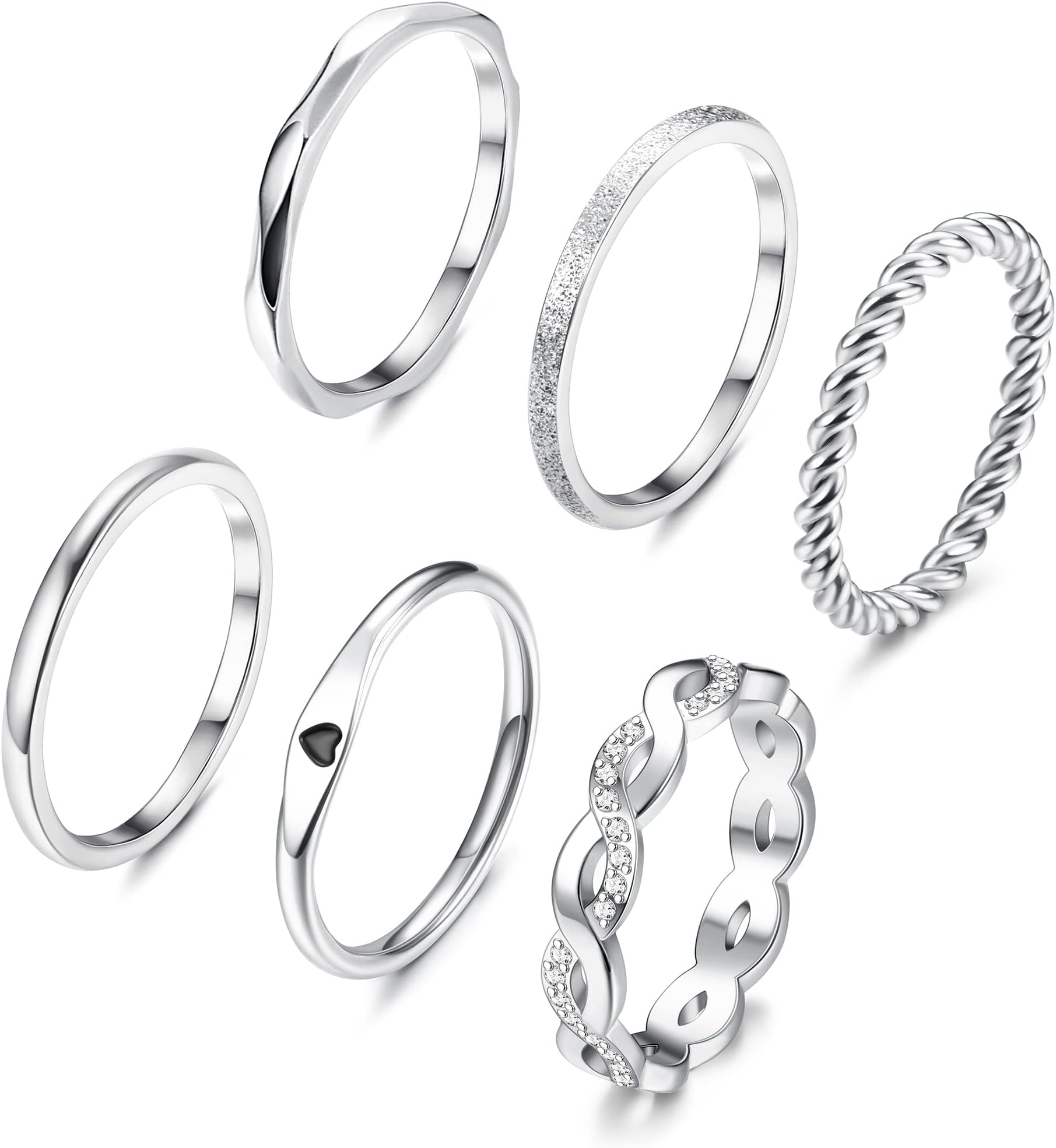 JeryWe6 Pcs Stainless Steel Rings for Women Set Silver Knuckle Rings Stackable Simple Carve Heart Wedding Bands Engagement Promise Eternity Bands Thumb Rings for Women