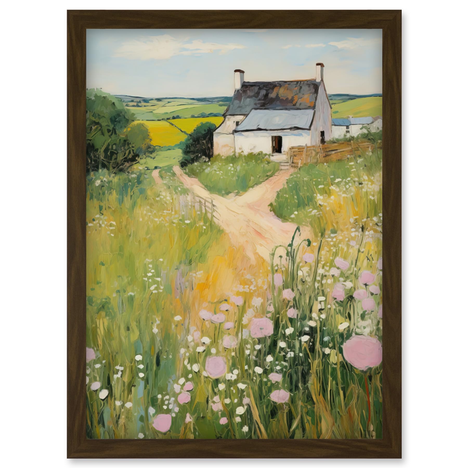 Artery8 Country Farmhouse Cottage Scene Traditional Landscape Oil Painting Meadows Countryside Summer Artwork Framed Wall Art Print A4