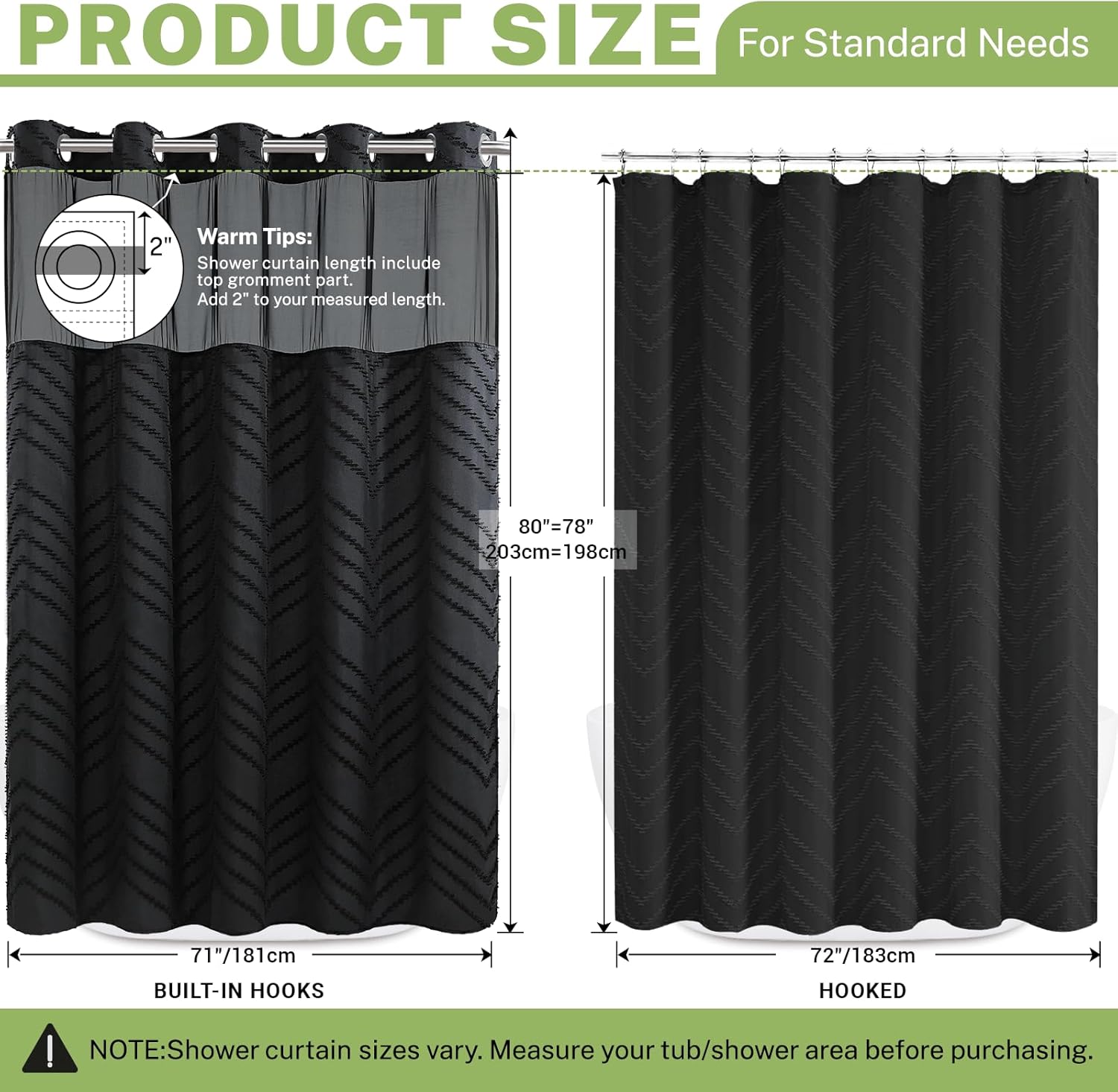 Long No Hook Shower Curtain with Snap in Liner, Tufted Chevron Striped Shower Curtain Set for Bathroom, Boho Waterproof and Washable Shower Curtains,71Wx80H, Black