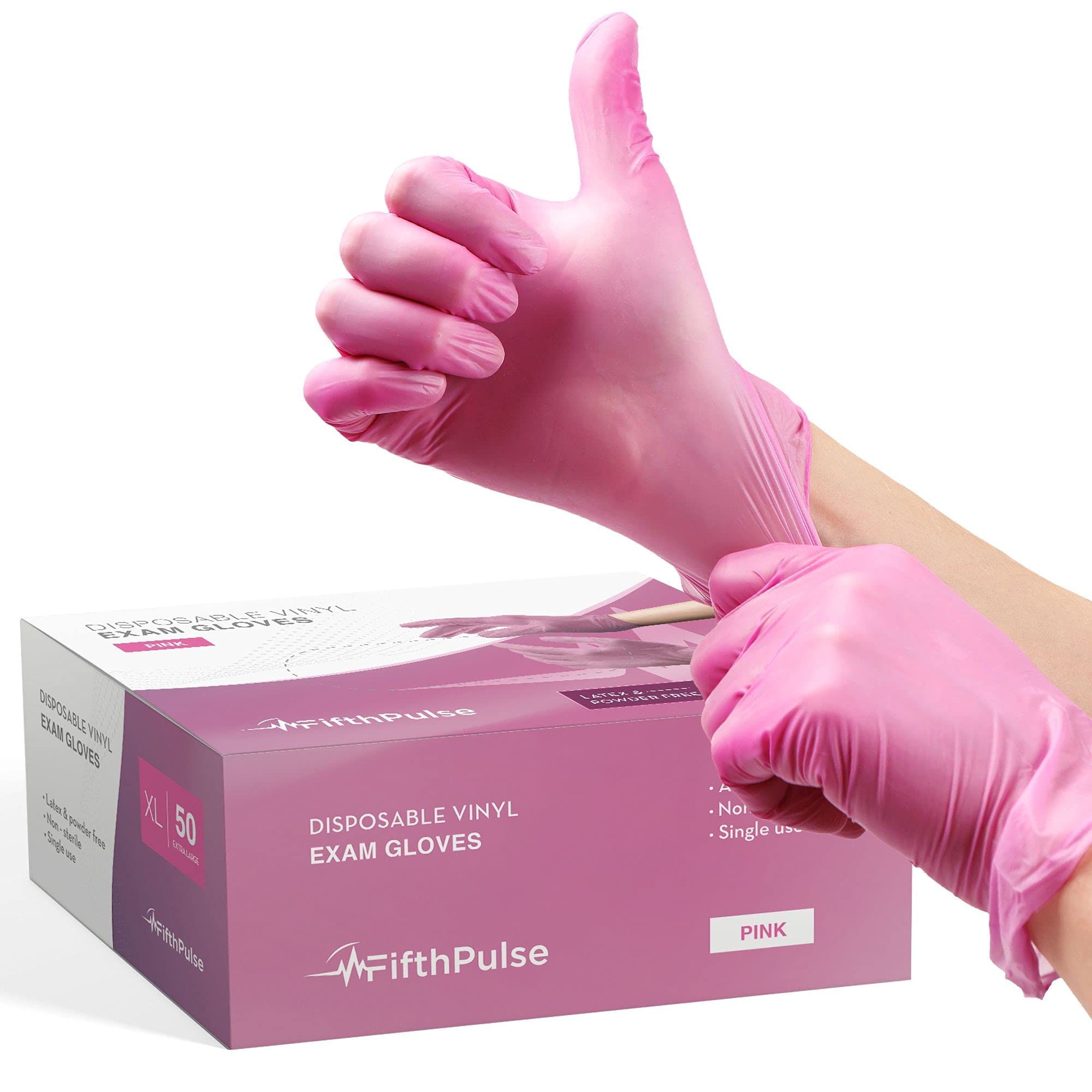 FifthPulse Pink Vinyl Disposable Gloves - Powder and Latex Free Medical Exam Gloves