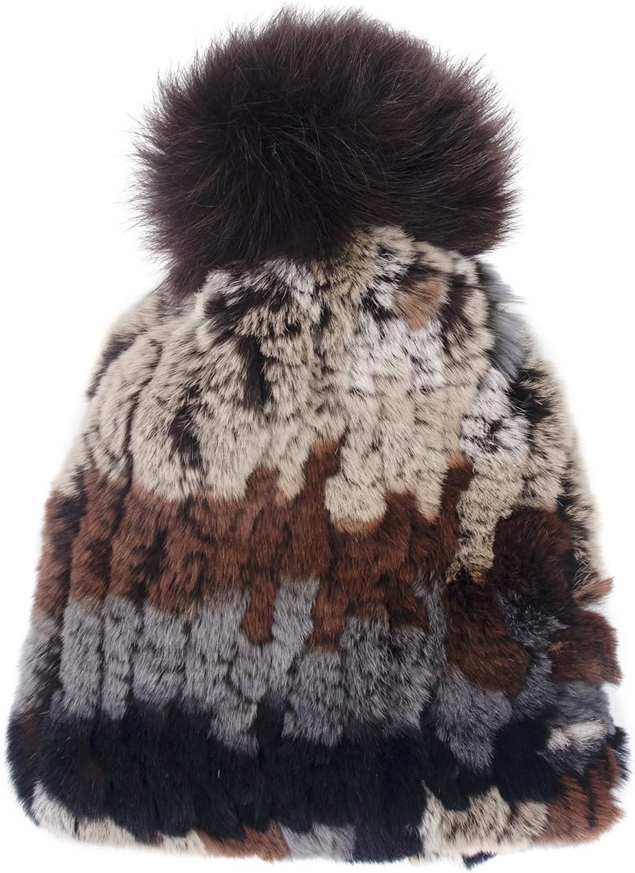 surell - Rex Rabbit Fur Textile Knit Beanie with Fox Fur Pom - Warm Winter Hat