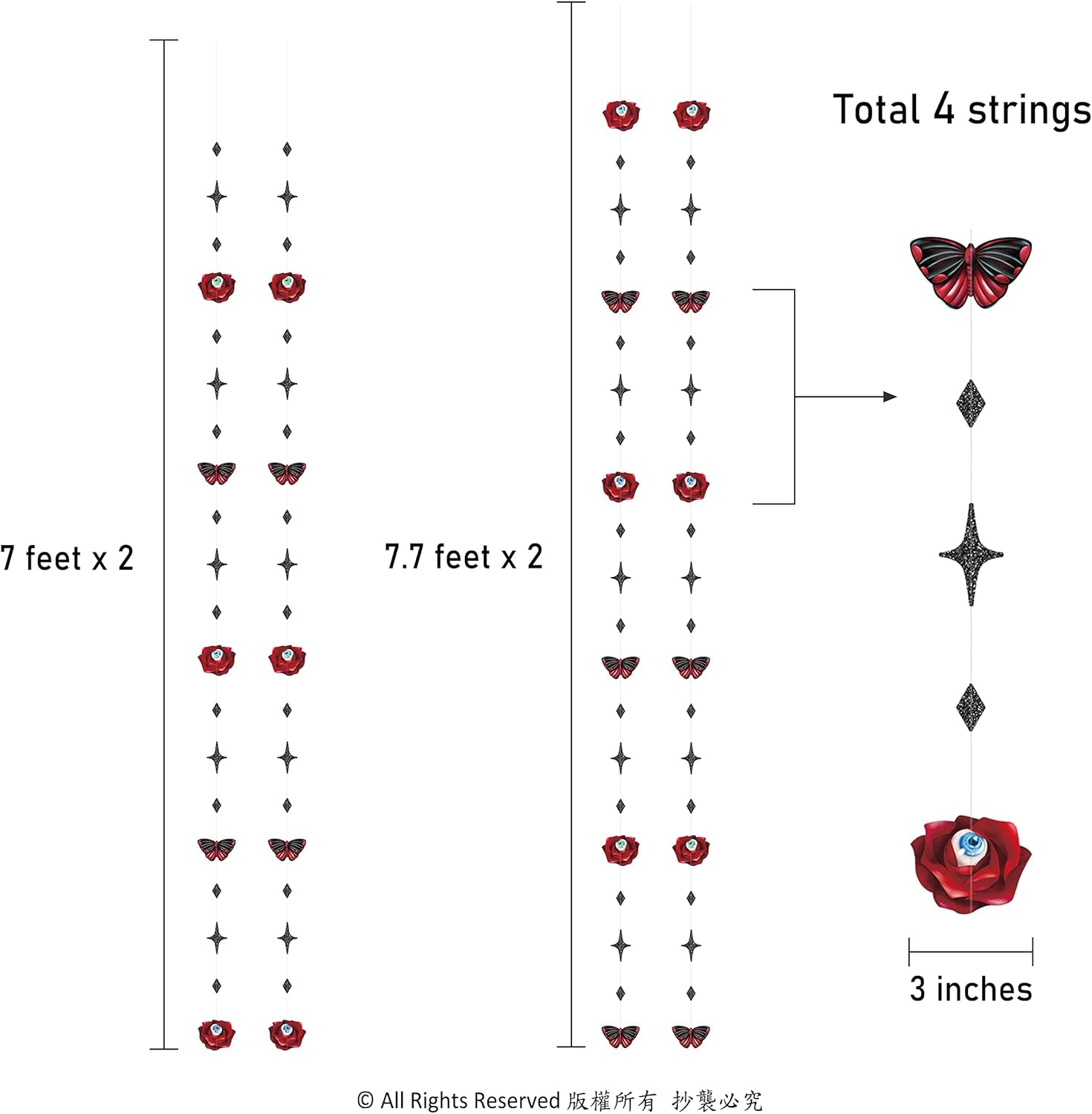 Cheerland Bundle Rose Skull Halloween Short Garland 6 pcs Backdrop & 4pcs Garland Red Rose Butterfly Eyeballs Black Red Backdrop Banners & 7 x 5 ft Backdrop Fabric