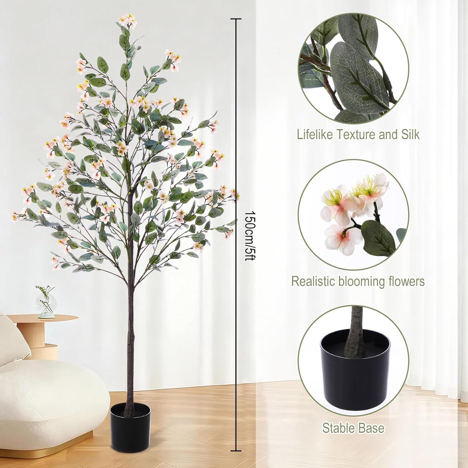 Daifunli 2 Pcs 5ft Artificial Eucalyptus Tree with Flowers Tall Faux Eucalyptus Stems Realistic Fake Bougainvillea Plants for Spring Porch Home Office Indoor Outdoor Decor (Orange)