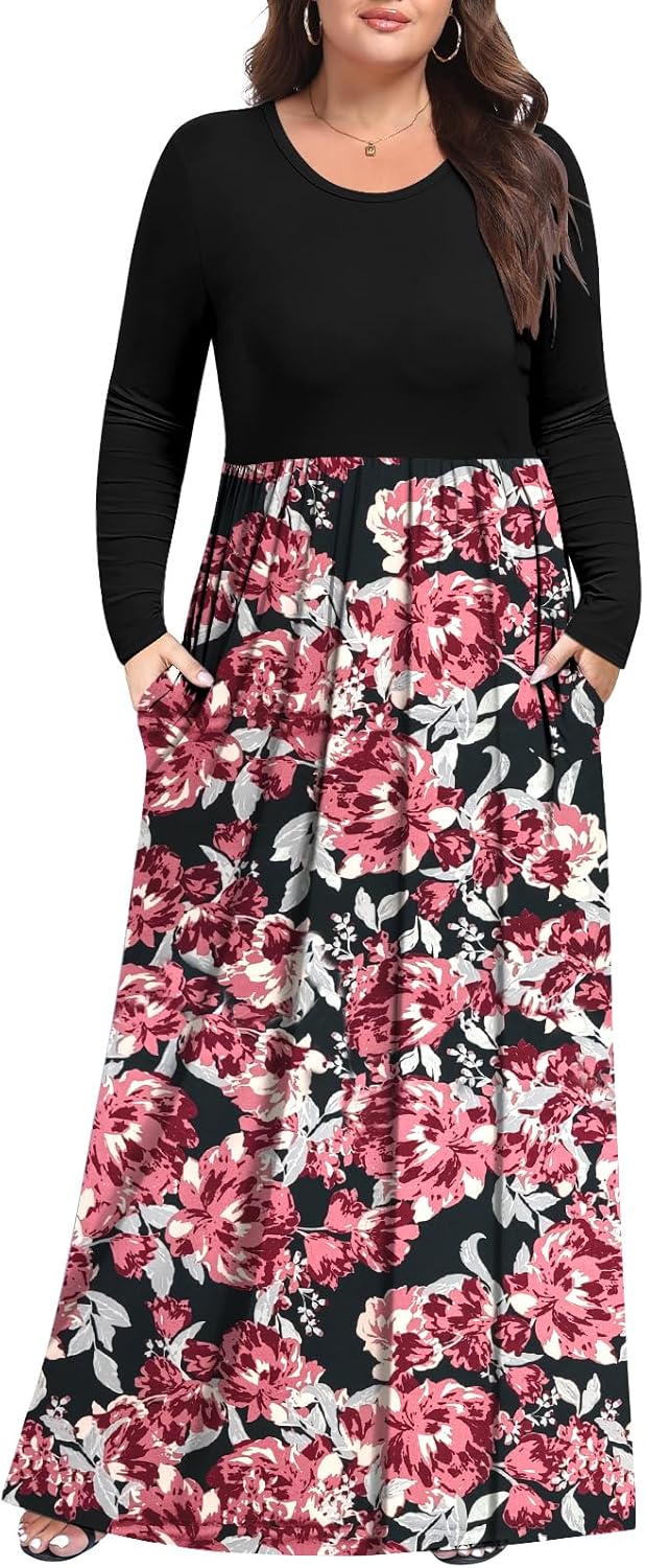 Womens Plus Size Maxi Dresses for Curvy Women Long Sleeve Long Dresses with Pockets 1X-5X