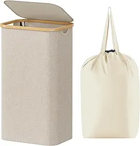 Lifewit 100L Laundry Basket with Lid, Clothes Hampers with Bamboo Handles and Removable Bag, Beige