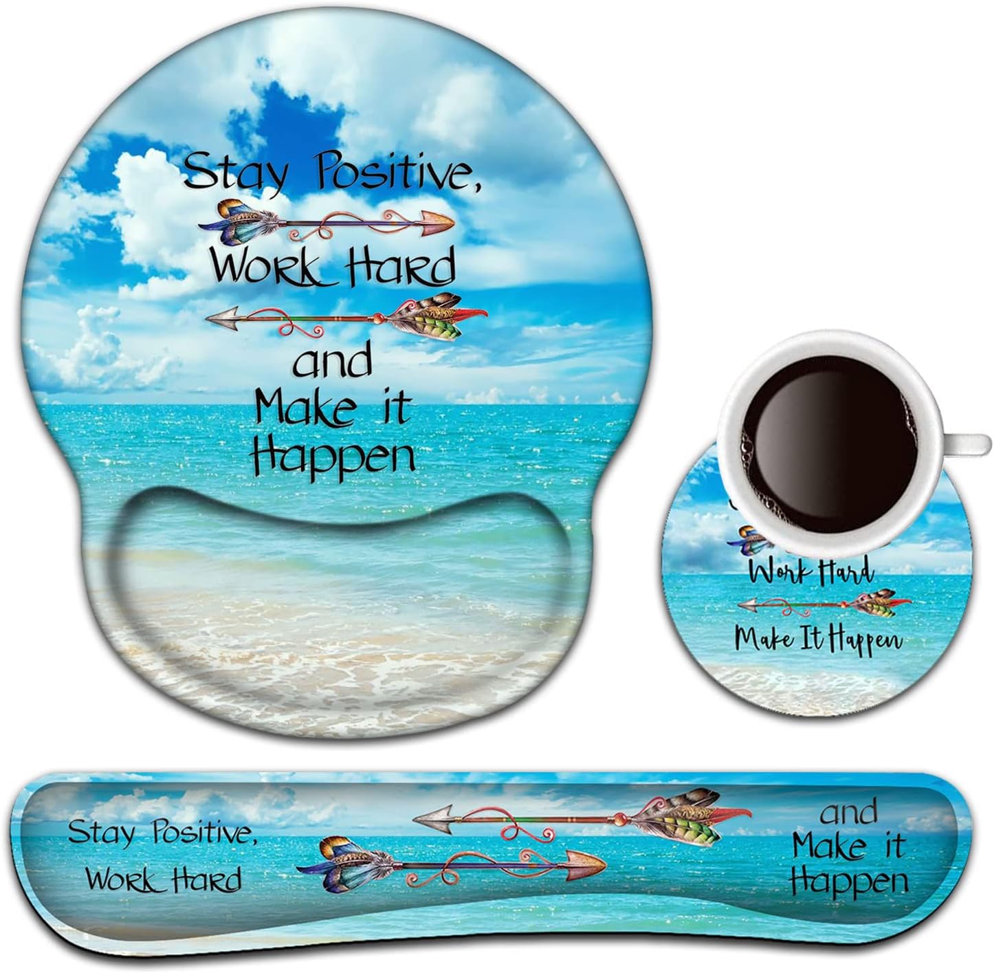 Keyboard Wrist Rest and Mouse Pad with Wrist Support, Ergonomic Gel Mouse Pad Coaster, Easy Typing Pain Relief, Memory Foam Keyboard Mousepad Set,Stay Positive Work Hard Make It Happen