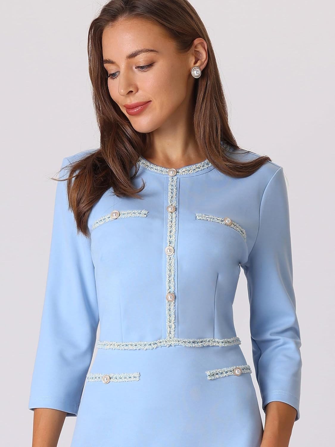 Women's Church A-Line Work 3/4 Sleeve Tweed Midi Dresses - Image 4