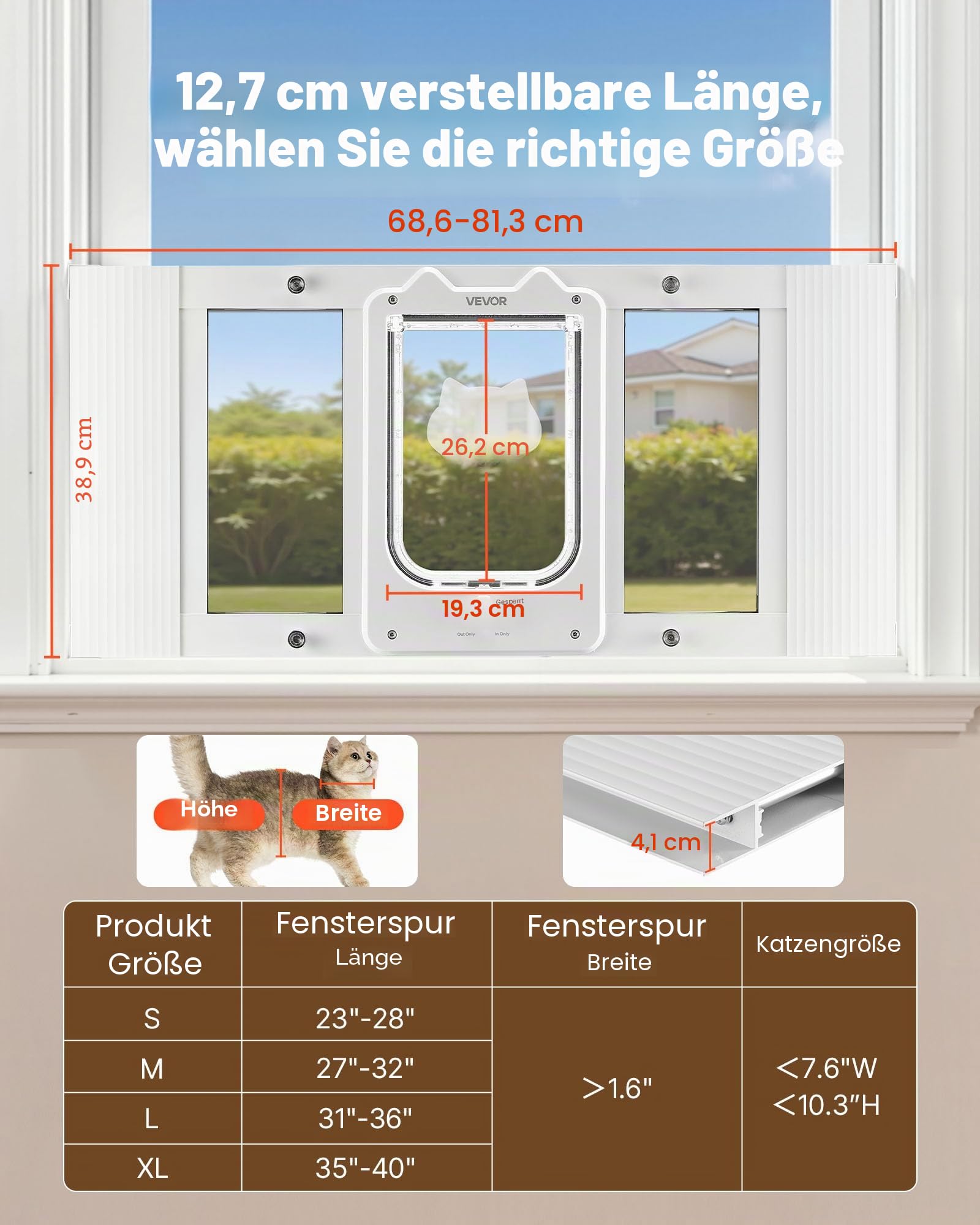 VEVOR Katzenklappe Katzentür Anpassbar an Fensterbreiten (686-813 mm), Wetterfeste Haustiertür mit 4 sicheren Verriegelungsmodi & Aluminiumrahmen & Hochtransparentem Glas & Magnetverschluss, Weiß