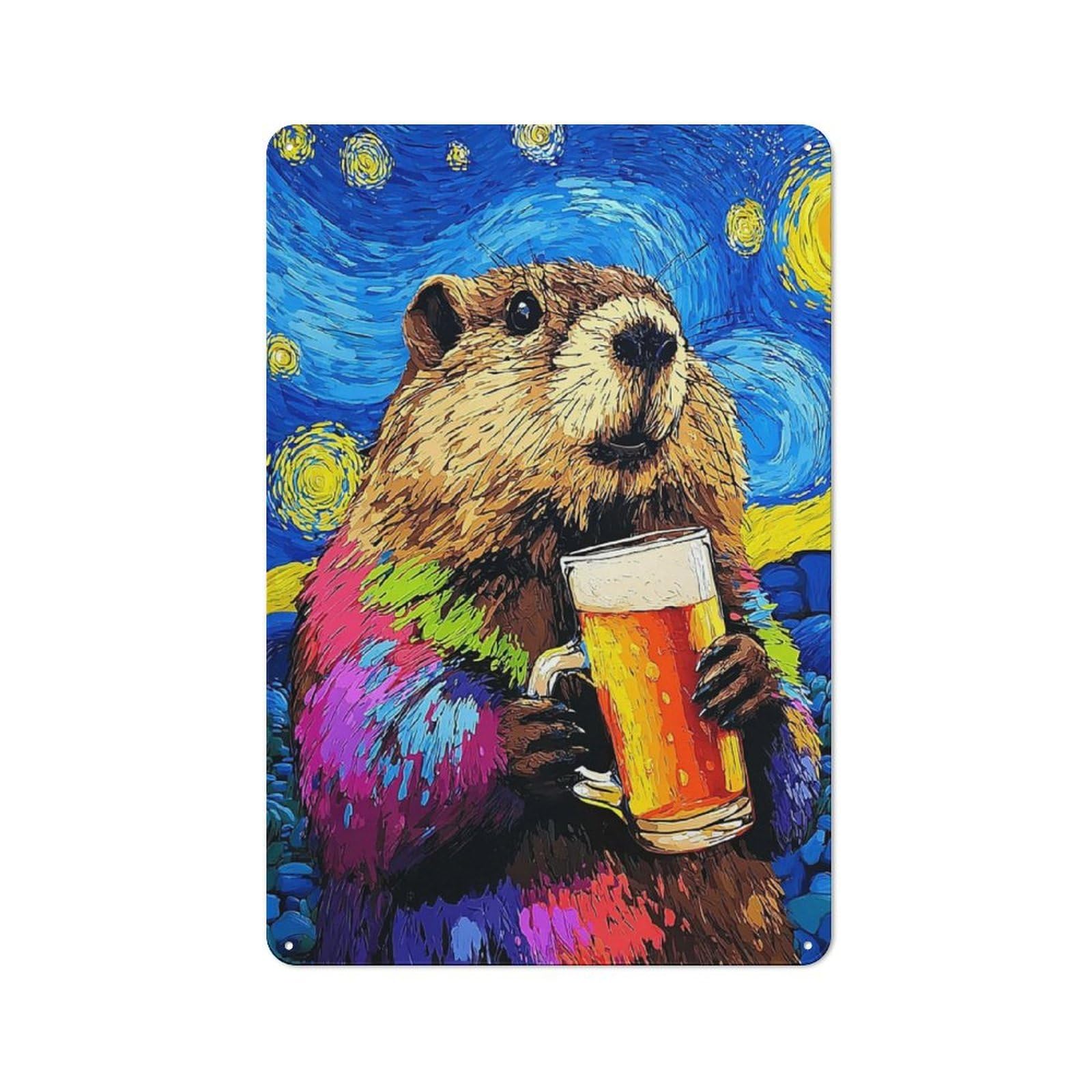 Junmoney Beaver With A Glass Of Beer Printed Metal Sign 30X20cm For Dining Room Or Kitchen, A Christmas Gift For People Styling Dining Room And Kitchen