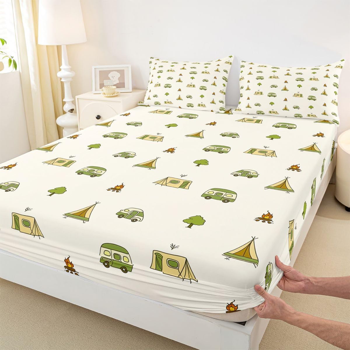 Homewish Motyw kempingowy Prześcieradła Podwójne Ognisko Podróżne Zestaw Arkuszy Kemping Impreza Dekoracja Zestaw Pościeli - Rv Camper Decor Dopasowane Płaskie Prześcieradła 4 Sztuki
