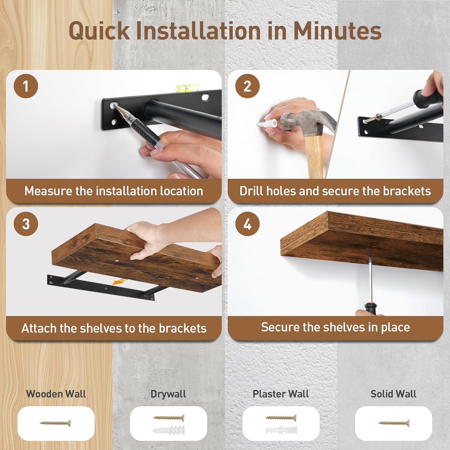 RALGEND Floating Shelves for Wall, 1.5" Thick Wall Shelf Set of 4 with Invisible Brackets, 23.6L x 7.9W Hanging Shelves Farmhouse Home Decor for Bathroom, Living Room, Bedroom, Rustic Brown 6301BJP4BF