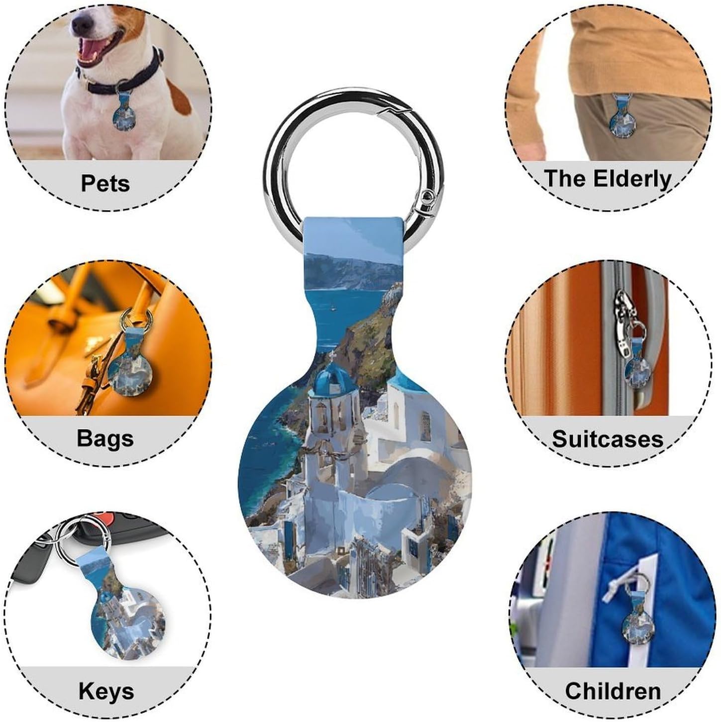 Greek Cliff Island Case Compatible with AirTag Holder Cover with Keychain Ring for Bags Luggages