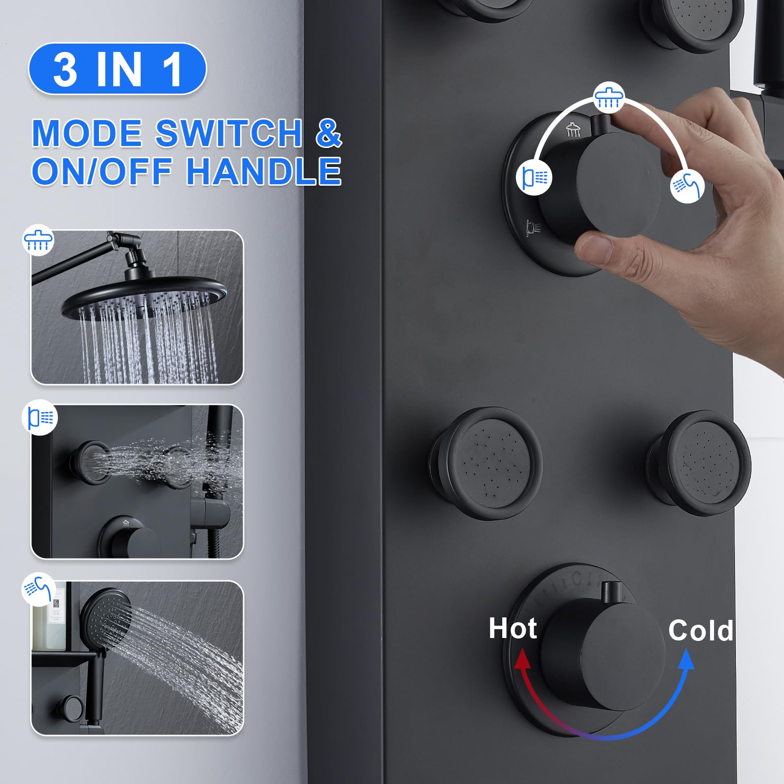 POPFLY Sistema de torre de panel de ducha, brazo de ducha ajustable, sistema de cabezal de lluvia de acero inoxidable con estante y 6 chorros de masaje corporal, panel de columna de ducha negro para