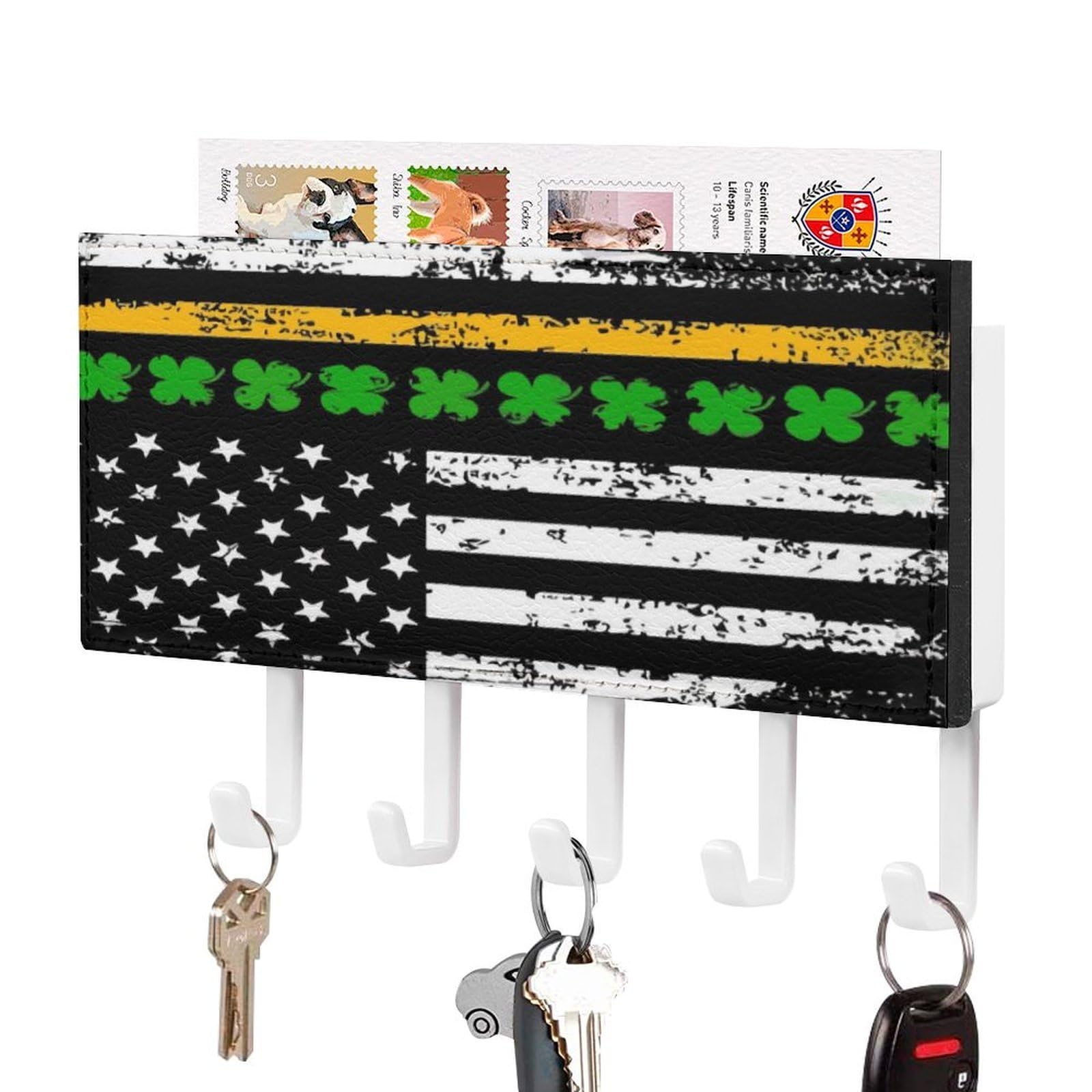 NCLQVJXZKHW Lucky Grass American Flag Key Holder with 5 Hooks Key Hooks Wall Mounted Key Racks Key Hanger Organiser Shelf