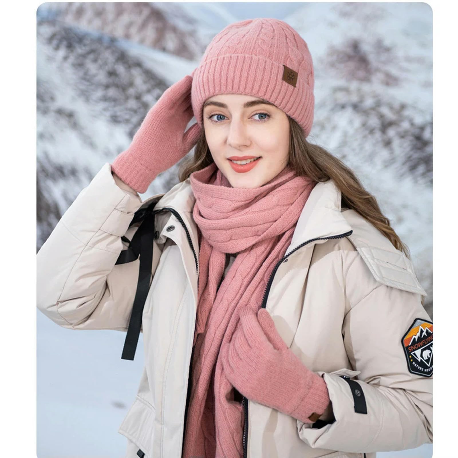 Schal Mütze Handschuh Set 3Pcs Thermisch Warm Gestrickte Beanie Cap Schal Wärmerer Touchscreen -Handschuh Outdoor -Sportarten