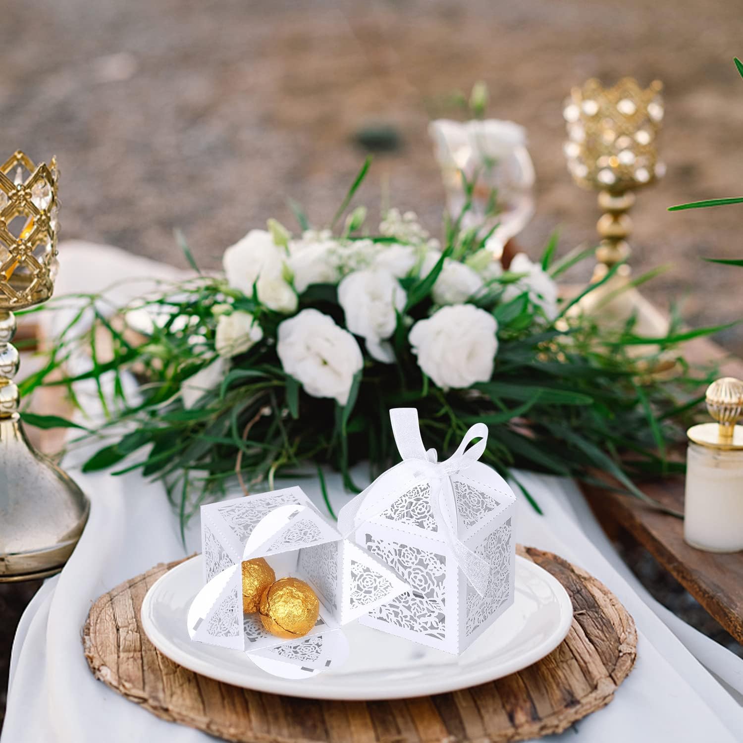 50pcs Laser Cut Favor boxes, Wedding Favors Candy Boxes with Ribbons and Tags, Small Gift Boxes for Wedding,Party,Baby Shower,Bridal Shower (50-2x2x2.76, White) - Image 3