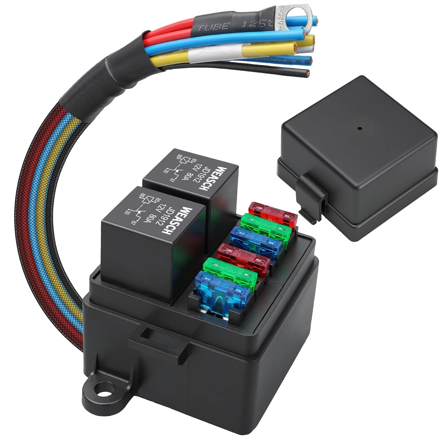 Weasch 12V Pre-Wired 80A Fuse Relay Box Kit: 2 Relays & 6 ATC Fuses for Cars, Trucks, Jeeps, ATVs