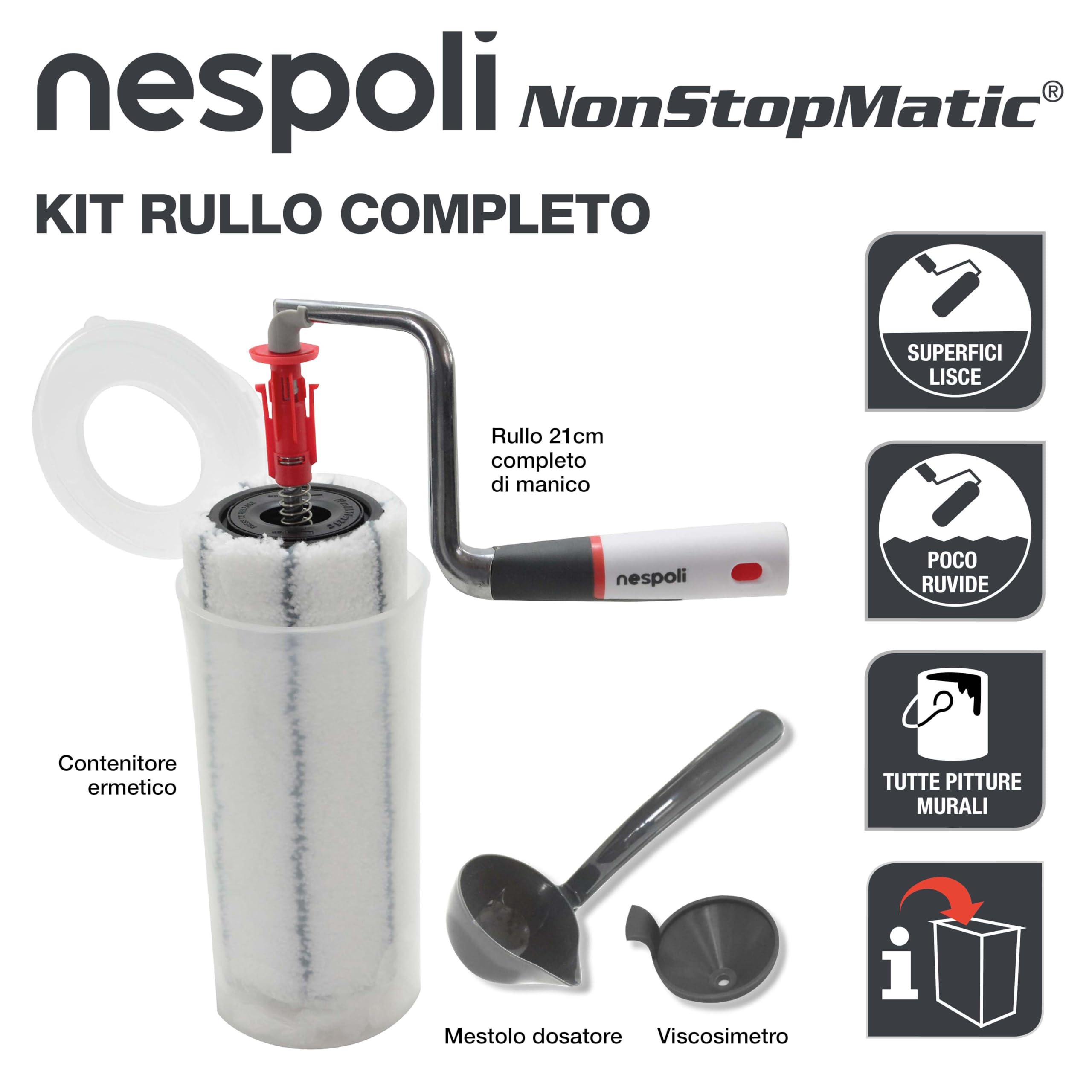 Nespoli - Rullo per Pittura NonStopMatic 21cm con Serbatoio e Meccanismo Automatico RollMatic, Rullo con Serbatoio per Imbiancare Capacità 0.6 L, Sistema FreshBox per Conservazione e Viscosimetro