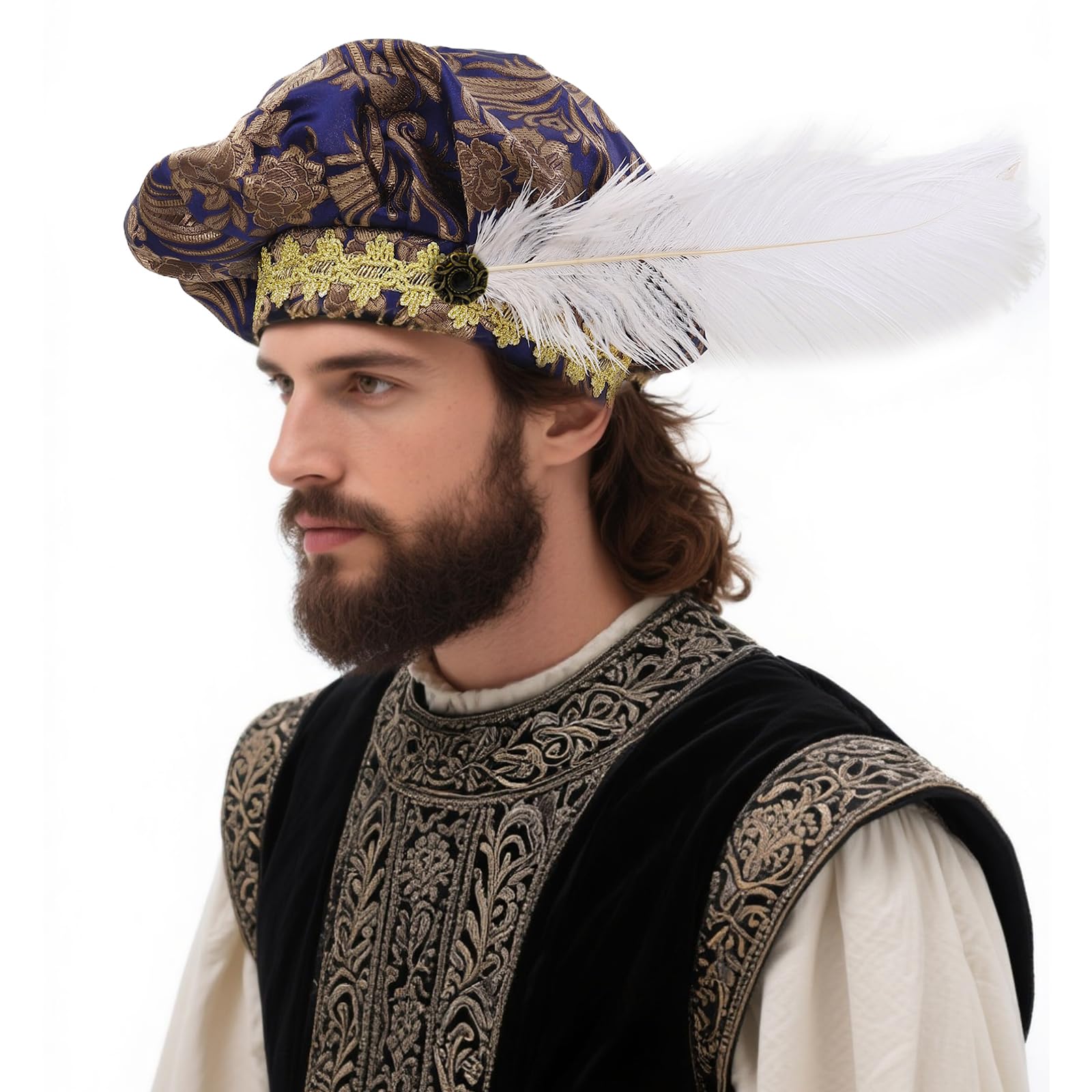 Photo 1 of ANINECT Renaissance Hat Medieval Tudor Cap with Feather Muffin Bard Cosplay Costume Accessory (01B)