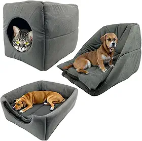 Cama 3em1 Suede Grande para Cachorro Gato Pet Cubo Toca Iglu (Cinza)