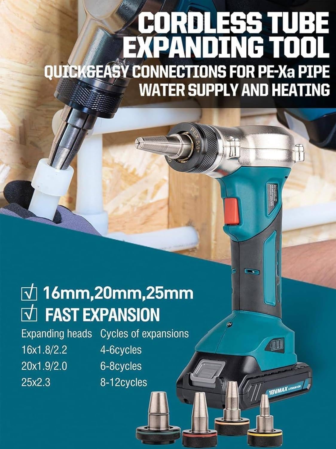 PEX Zestaw narzędzi rozszerzających, ręczne narzędzie rozszerzające 2 w 1 z automatycznymi głowicami obrotowymi (16 mm, 20 mm, 25 mm, 30 mm), narzędzie zaciskowe PEX do projektów montażu rur