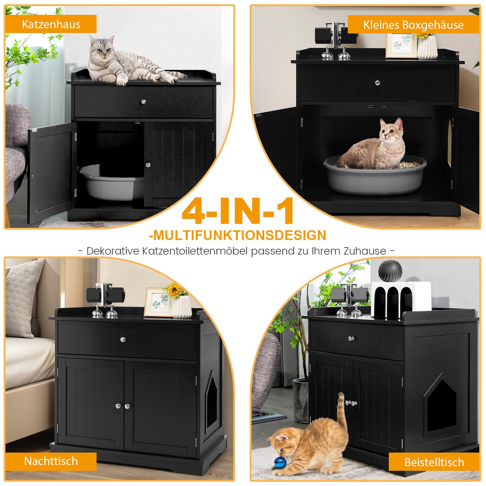 COSTWAY Katzenschrank mit Schublade & Tür & Eingang, 3-in-1 Katzenhaus Katzentoilette Beistelltisch, Schrank Katzenklo Katzenkommode, Katzenhöhle Haustierbox, Katzenmöbel (Schwarz)