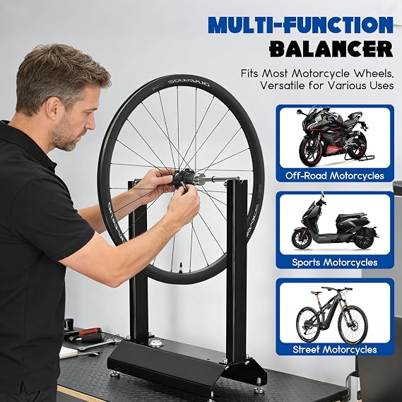 Motorcycle Wheel Balancer Stand, Portable Heavy-Duty Truing Stand with Rotating Adjustment, Wheel Maintenance Balancing Rack, Precision Wheel Alignment for Motorcycle Bicycle Dirt Bikes