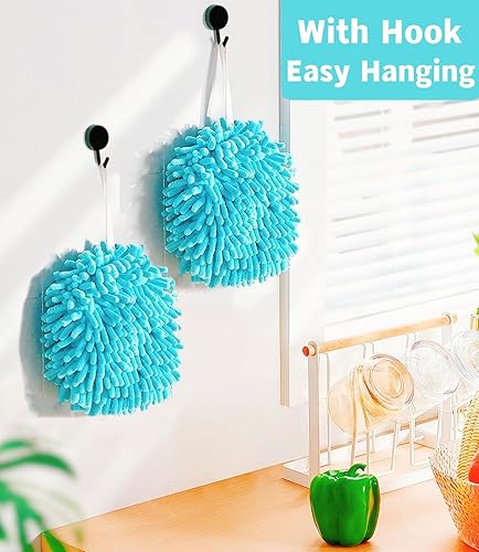 Miniatura 3 de Fuzzy Ball - Juego de 4 toallas de mano de felpilla suaves y absorbentes, para baño, con 4 ganchos (4 azul)