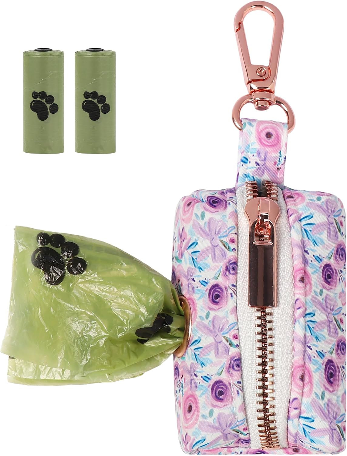 ARING PET Floral Dog Poop Bag Holder, Cotton Puppy Purple Rose Waste Bag Dispenser Attach to Any Leashes, Portable Washable Pet Waste Pouch Holder with Two Rolls of Bags