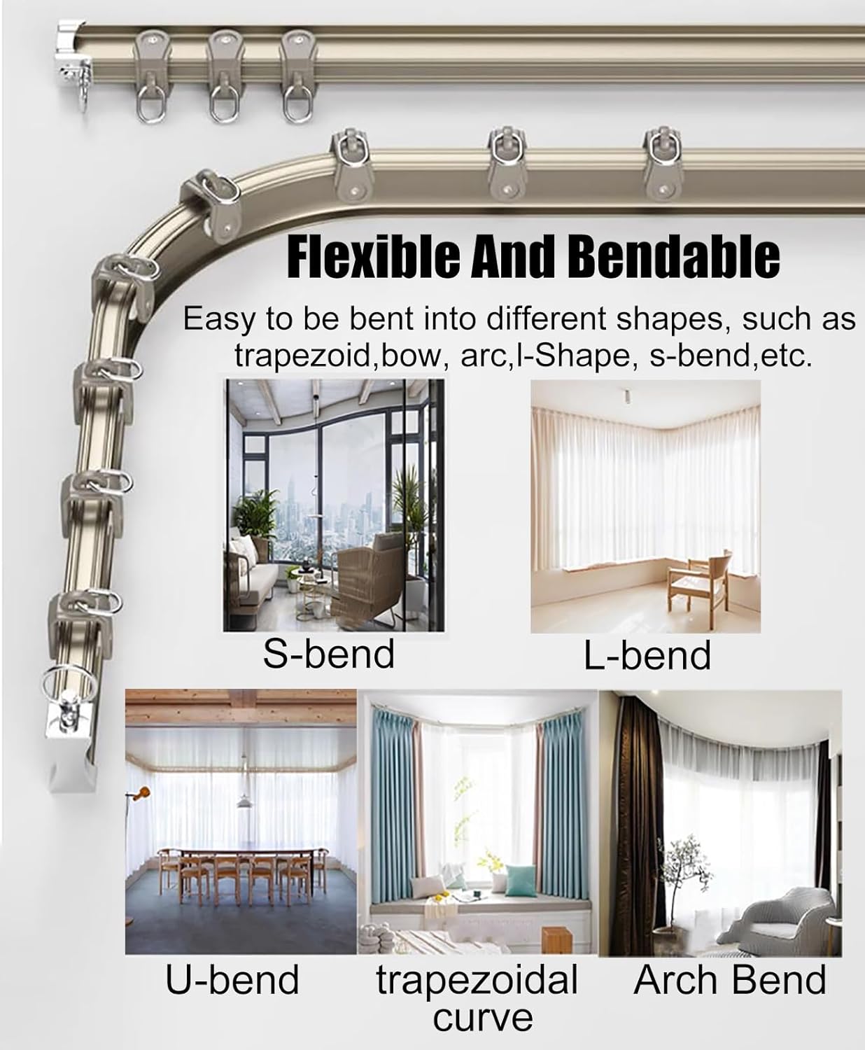 Flexible Bendable Double Track Curtain Track - Ceiling Mount Black, Aluminum Curtain Rail Set with 16 Pcs/M Rollers, for Room Divider/Windows(8m(26ft))