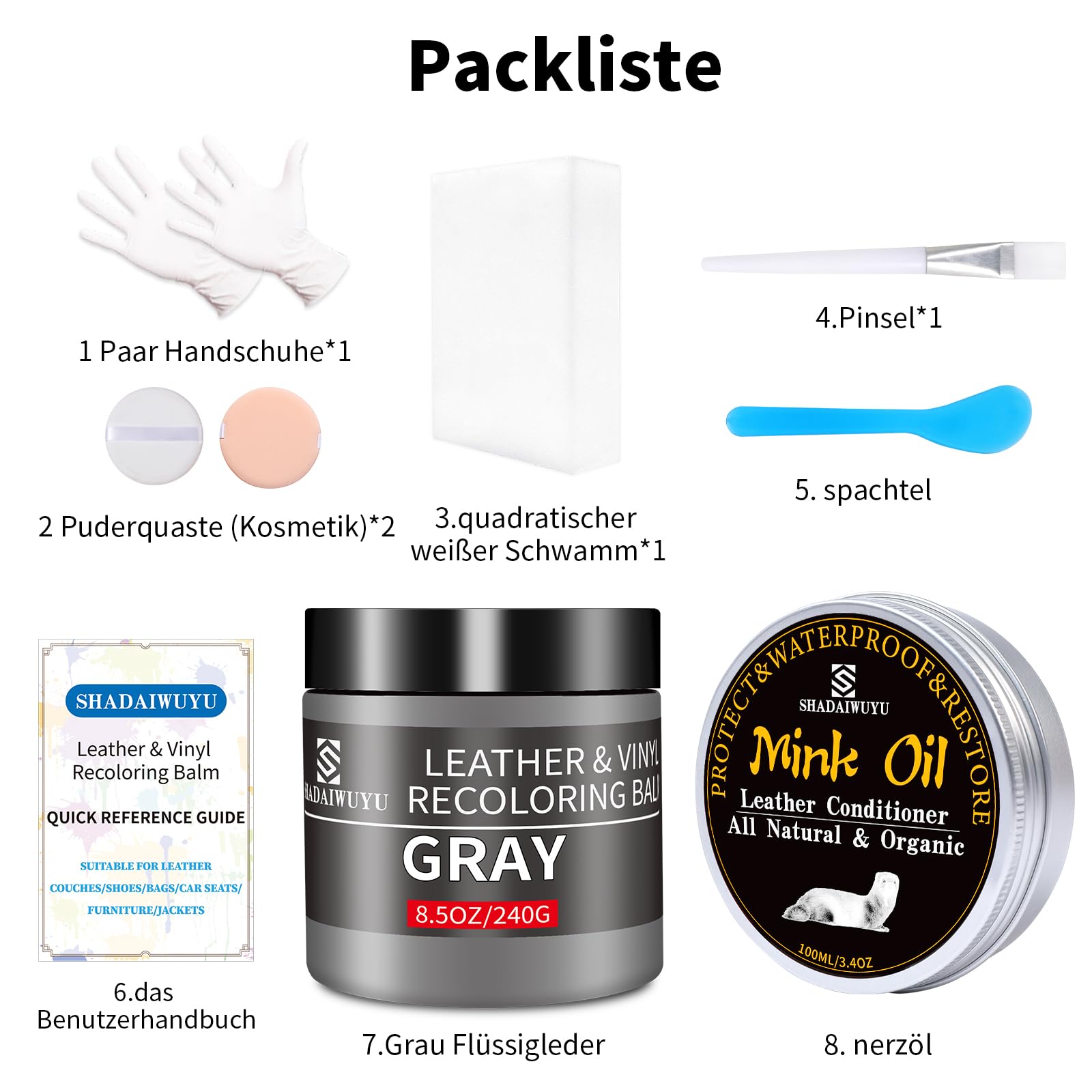 SHADAIWUYU 240g Lederpflege Auto mit Lederfett(100ml),Leder Reparatur Set Grau,Flüssigleder,Lederfarbe,Kunstleder Reparaturset zum Reparieren von Sofas,Vinylmöbeln,Autositz bei Verblassen und Kratzer